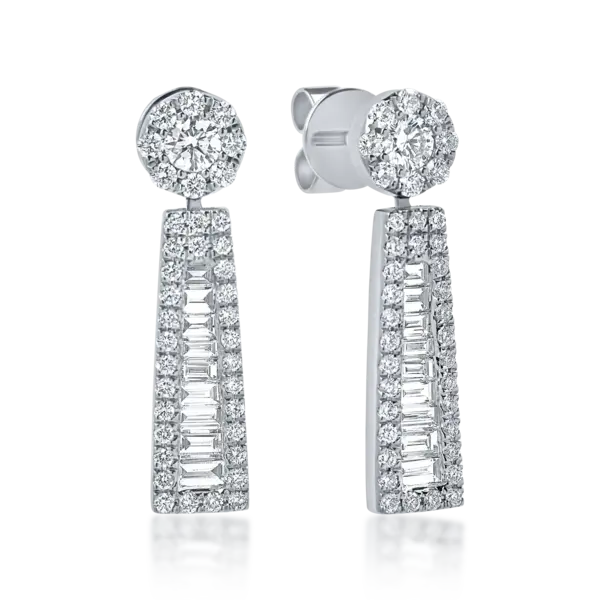Cercei geometrici din aur alb cu diamante baguette si rotunde de 1.1ct