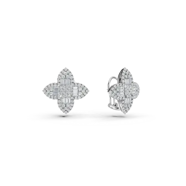 Cercei geometrici din aur alb cu diamante baguette si rotunde de 1.1ct