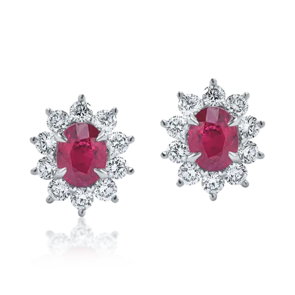 Cercei geometrici din aur alb cu rubine ovale si diamante de 1.3ct