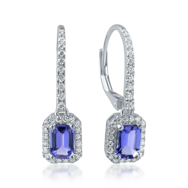 Cercei geometrici din aur alb cu tanzanite rectangulare de 1ct si diamante de 0.3ct