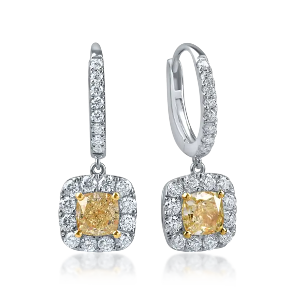 Cercei geometrici din aur alb-galben cu diamante galbene cushion si incolore de 2.1ct