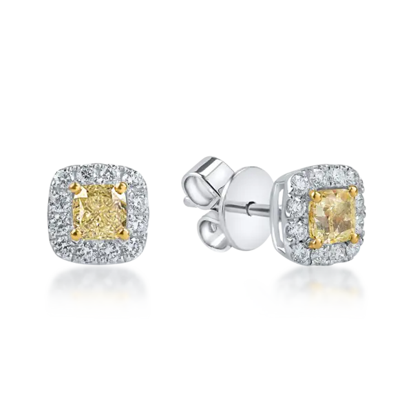Cercei geometrici din aur alb-galben cu diamante galbene si incolore de 1.39ct