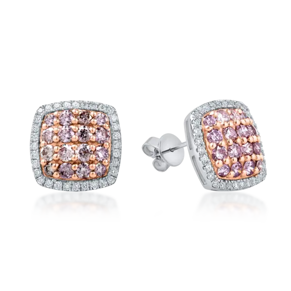 Cercei geometrici din aur alb-roz cu diamante roz si incolore de 1.15ct