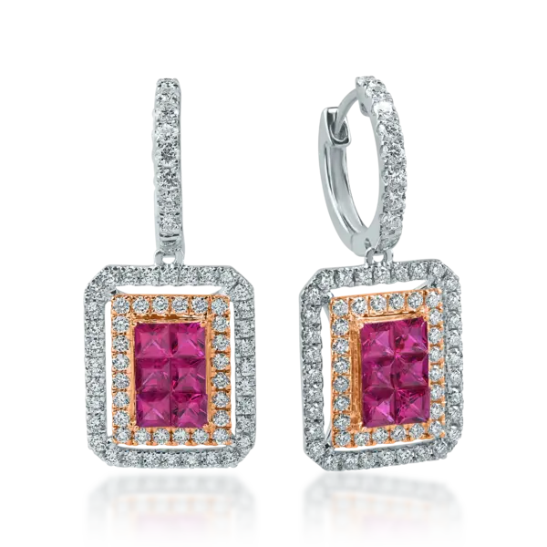Cercei geometrici din aur alb-roz cu rubine princess de 1.3ct si diamante round de 1.1ct