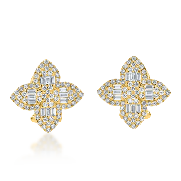 Cercei geometrici din aur galben cu diamante baguette si rotunde de 1.1ct