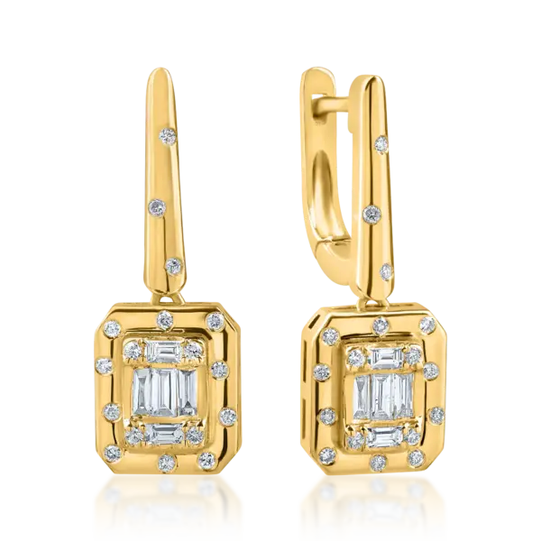 Cercei geometrici din aur galben cu diamante baguette si rotunde de 0.3ct