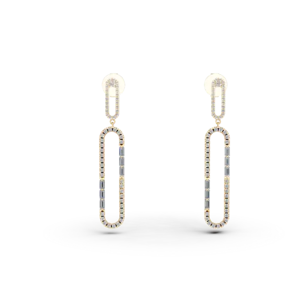 Cercei geometrici din aur galben cu diamante baguette si rotunde de 0.16ct