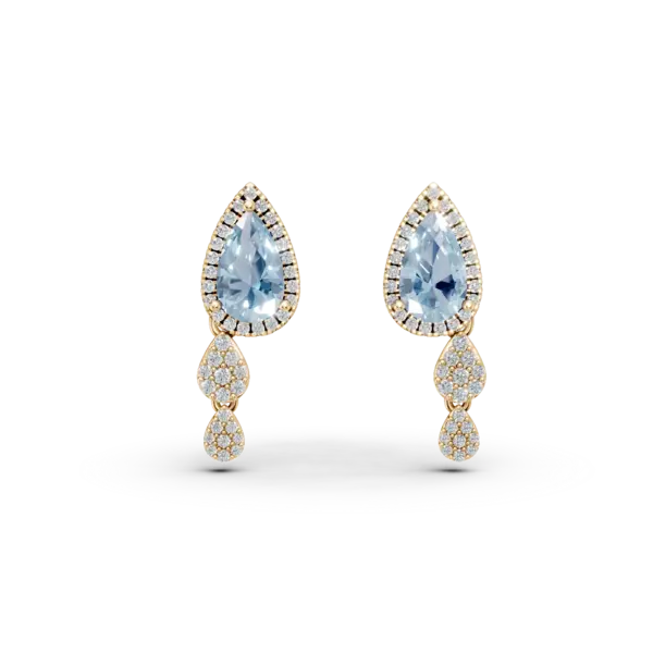 Cercei geometrici din aur galben cu topaze albastre pear de 3ct si diamante round de 0.6ct