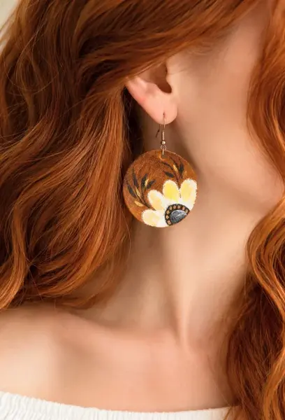 Cercei handmade ,din piele naturala ,pictati manual cu crizantema,unicat