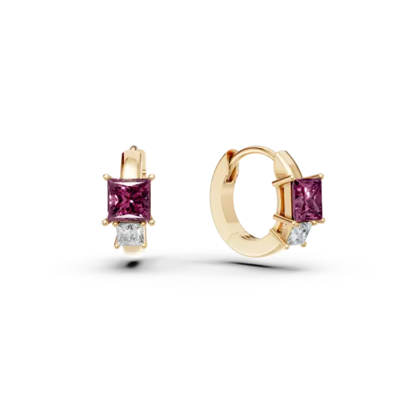 Cercei hoop din aur galben cu rubine square de 0.3ct si diamante de 0.06ct