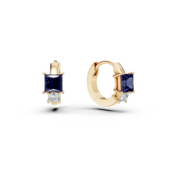 Cercei hoop din aur galben cu safire square de 0.3ct si diamante de 0.06ct
