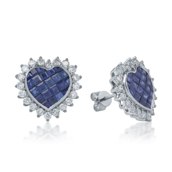 Cercei inima din aur alb cu safire square de 2.56ct si diamante de 1.15ct
