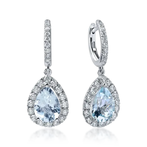 Cercei lacrima din aur alb cu acvamarine pear de 3.3ct si diamante de 1ct