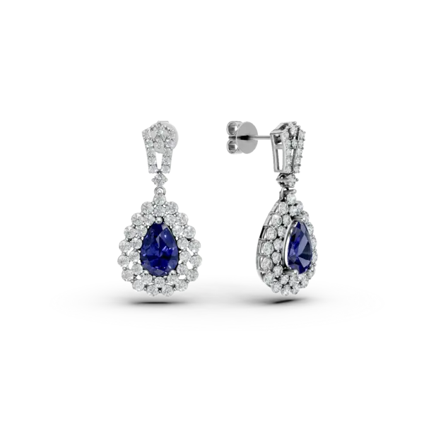 Cercei lacrima din aur alb cu safire ovale de 2.04ct si diamante round de 1.3ct