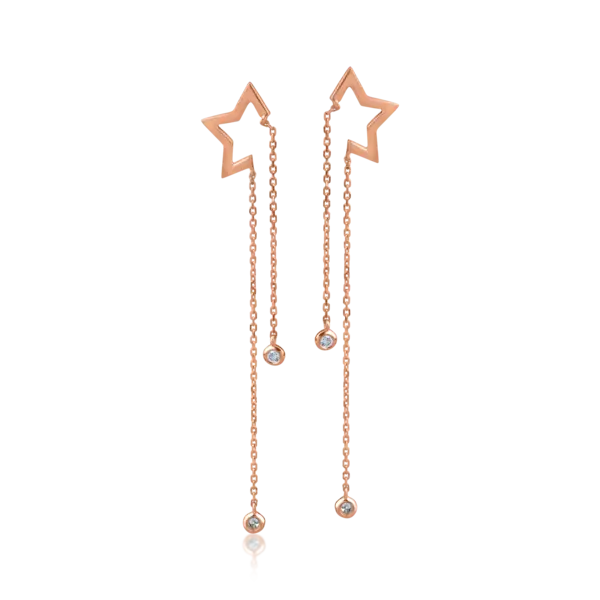 Cercei lungi cu stelute din aur roz cu diamante de 0.06ct