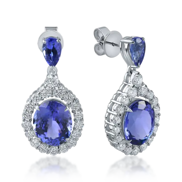 Cercei lungi din aur alb cu tanzanite pear de 6.4ct si diamante round de 1.4ct