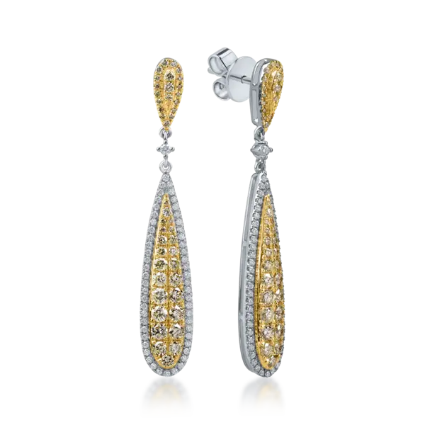 Cercei lungi din aur alb-galben cu diamante galbene si incolore de 1.8ct