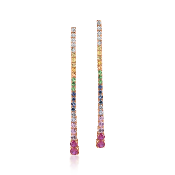Cercei lungi din aur roz cu safire multicolore de 3ct si diamante de 0.3ct