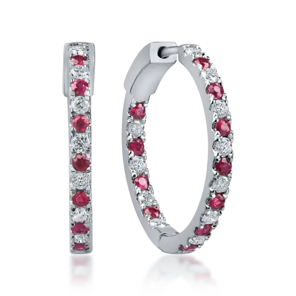 Cercei minimalisti din aur alb cu rubine de 0.8ct si diamante de 0.7ct
