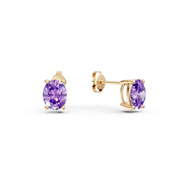 Cercei minimalisti din aur galben cu zirconia mov solitaire