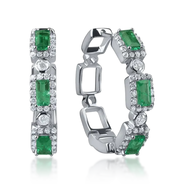 Cercei on ear din aur alb cu smaralde rectangulare de 0.7ct si diamante de 0.5ct