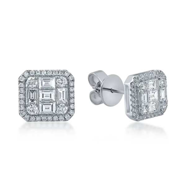 Cercei patrati din aur alb cu diamante baguette si rotunde de 0.7ct