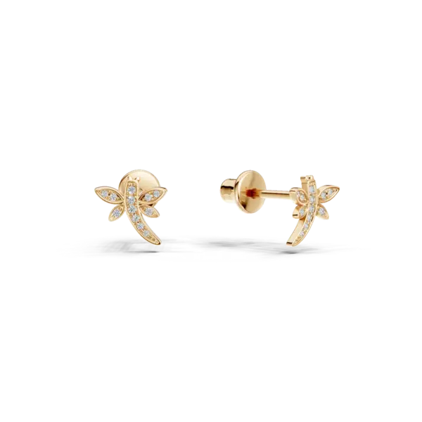 Cercei pentru copii cu libelule din aur galben cu diamante de 0.06ct
