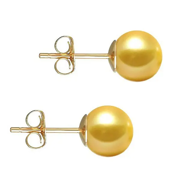 Cercei Perle Akoya Aurii 8 mm, AAA, Aur 14K (aur 585), Tip surub KASKADDA