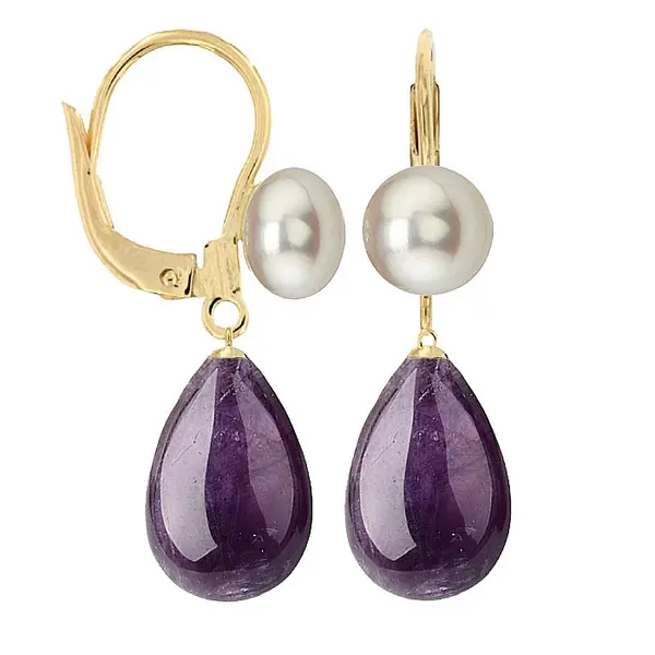 Cercei Perle Albe E i Ametist Natural, Forma Lacrima, Aur Galben 14K - Model Princess KASKADDA