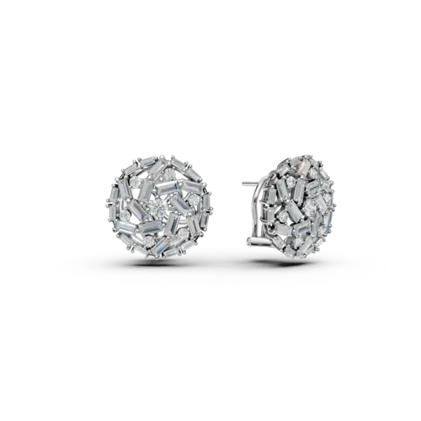 Cercei rotunzi din aur alb cu diamante baguette si rotunde de 2.1ct