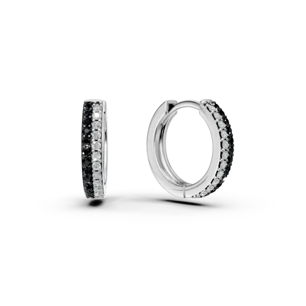 Cercei rotunzi din aur alb cu diamante negre si albe de 0.22ct