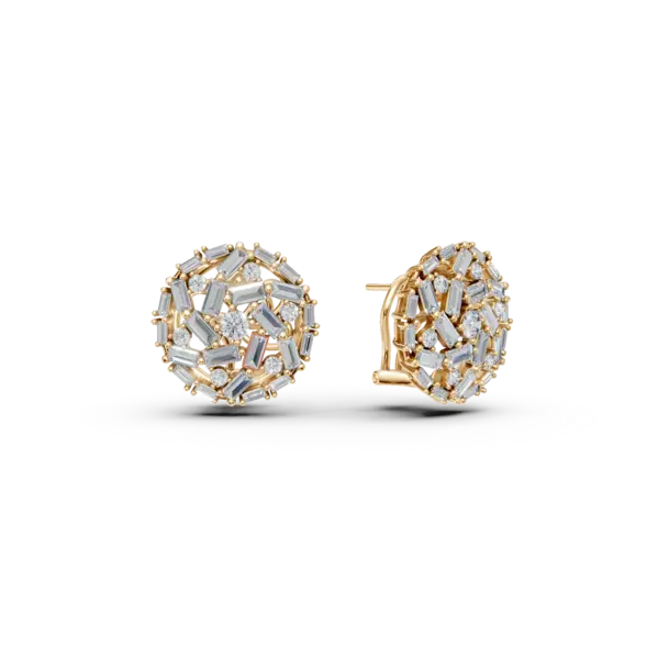 Cercei rotunzi din aur galben cu diamante baguette si rotunde de 2.1ct
