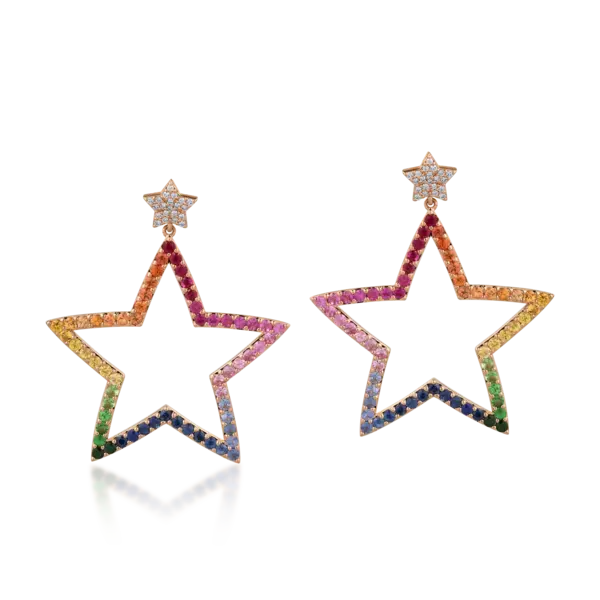 Cercei stele din aur roz cu safire multicolore de 6ct si diamante de 0.28ct