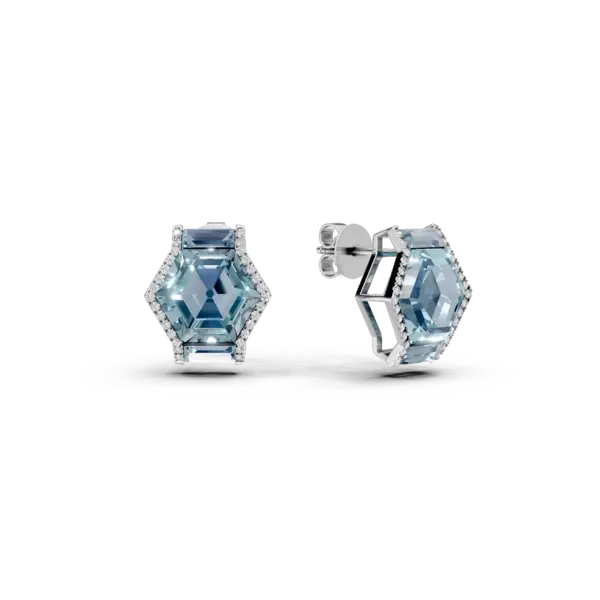 Cercei stud din aur alb cu topaze hexagonale si baguette de 14.3ct si diamante de 0.2ct