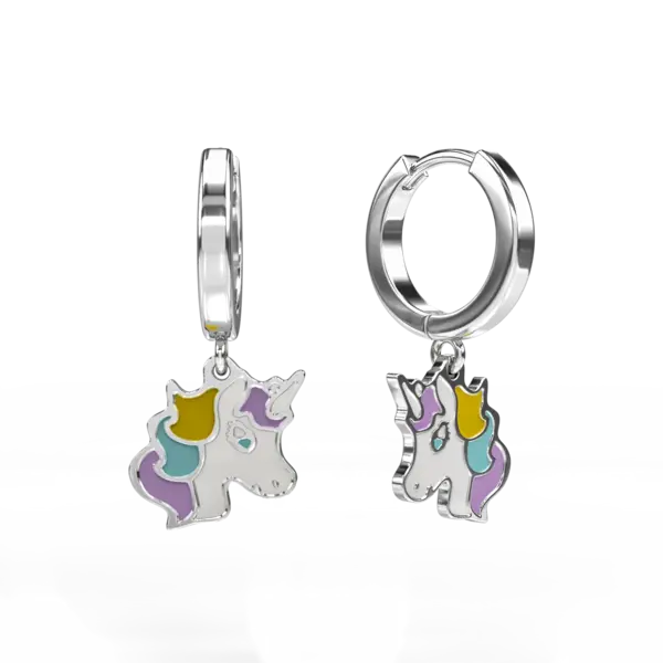 Cercei unicorn din aur alb cu insertii multicolore pentru copii
