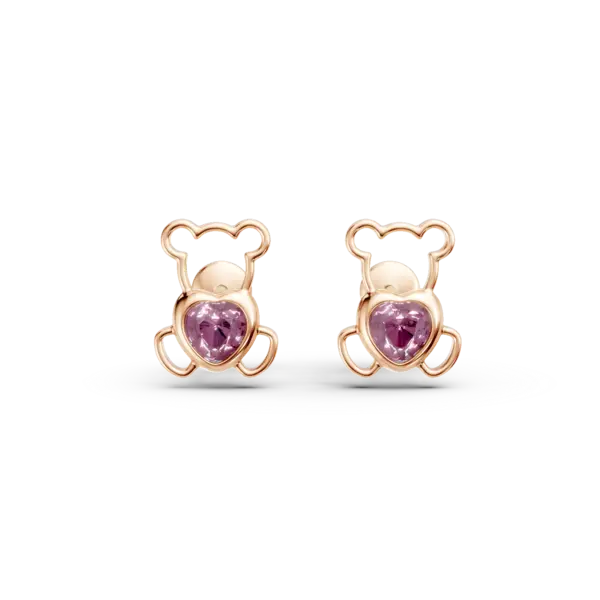 Cercei ursulet din aur roz cu safire roz heart de 0.2ct pentru copii
