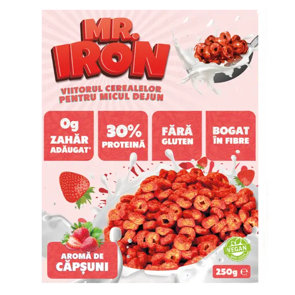 Cereale cu 30% proteina fara zahar low-carb gluten free si vegane Capsuni si Mar, 250g, Mr. Iron