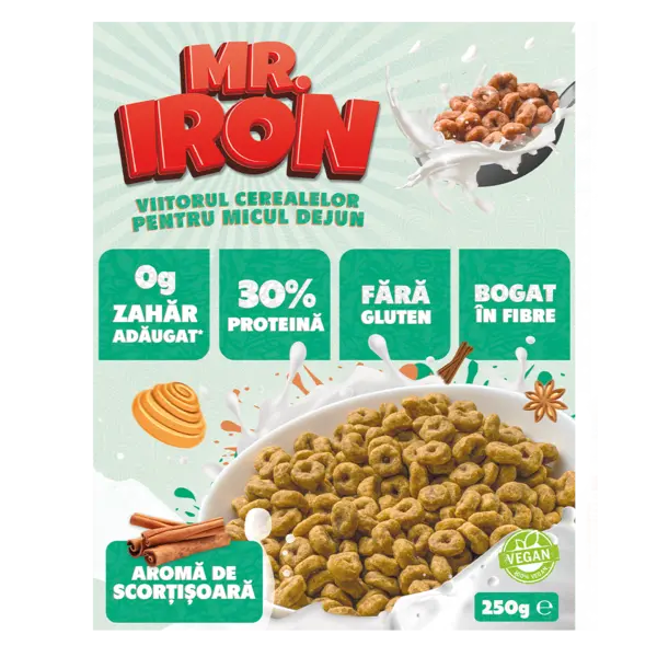 Cereale cu 30% proteina fara zahar low-carb gluten free si vegane Scortisoara, 250g, Mr. Iron