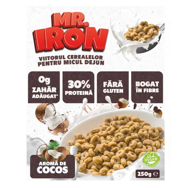Cereale cu 30% proteina fara zahar low-carb gluten free si vegane Cocos, 250g, Mr. Iron