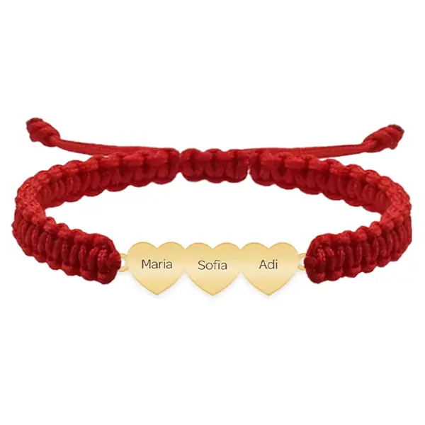 Cesur - Bratara personalizata snur impletit cu trei inimi din argint 925 placat cu aur galben 24K
