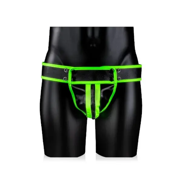 Chilot sexy bărbați OUCH! Striped Jockstrap Glow In The Dark, cu benzi subțiri pe fese, negru cu verde fosforescent, L/XL