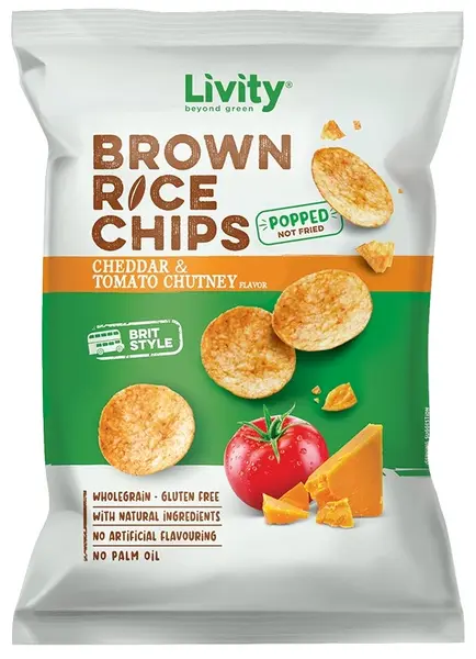 Chips de orez cu cheddar și sos chutney de roșii, 60 g, Livity
