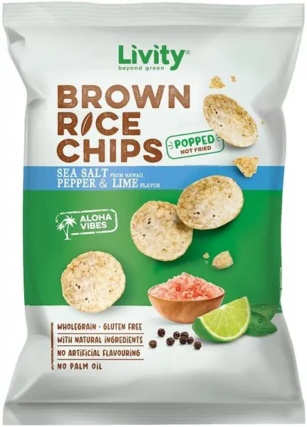 Chips de orez cu sare de mare hawaiană, piper negru și lime, 60 g, Livity