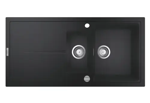 Chiuveta bucatarie compozit Grohe K400 31642AP0, 1000x500 mm, reversibil, 2 boluri, montare pe blat, evacuare automata, Kit montaj si evacuare inclus, Negru granit