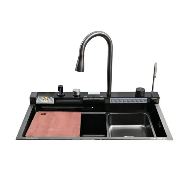Chiuveta bucatarie multifunctionala, Dus Extractabil, Tocator Lemn, LCD Temperatura, 2 Jeturi Apa, Negru, 75x46 cm