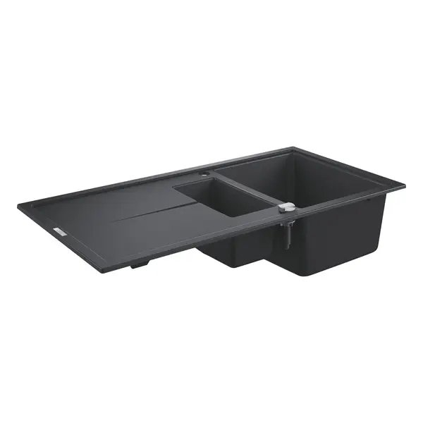 Chiuveta compozit Grohe K400 31642AP0, 100 x 50 cm, reversibil, 2 boluri, montare pe blat, evacuare automata, Kit montaj si evacuare inclus, Negru granit