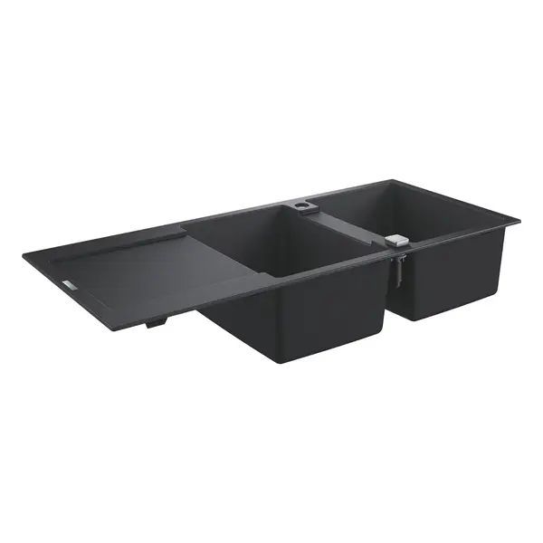 Chiuveta compozit Grohe K500 31647AP0, 116 x50 cm, reversibil, 2 cuve, montare pe blat, evacuare automata, Kit montaj si evacuare inclus, Negru granit
