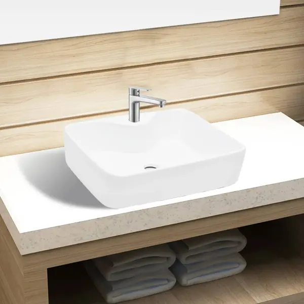 Chiuveta de baie patrata din ceramica cu gaura pentru robinet, alb