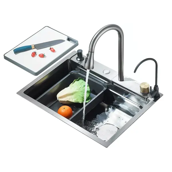 Chiuveta Multifunctionala BisDesign pentru Bucatarie, Toate Accesoriile Incluse, Dus Extractabil, Tocator ABS, Material Antiaderent, Functie Cascada,