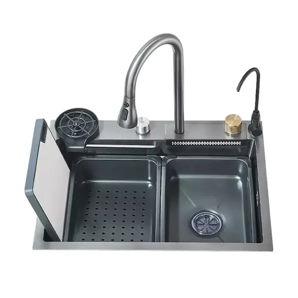 Chiuveta Multifunctionala BisDesign pentru Bucatarie, Toate Accesoriile Incluse, Dus Extractabil, Tocator ABS, Spalator Pahare, Material Antiaderent,